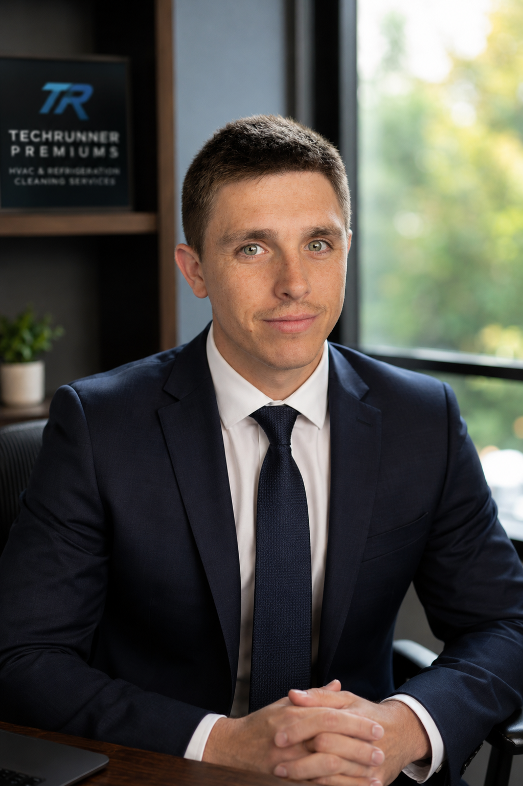 Oliver Raggio, founder of TechRunner Premiums, in a navy suit at his desk